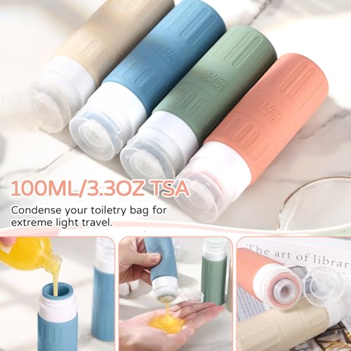 JAMATA Set da Viaggio 16pz in Silicone 100ml,Flaconi Ricaricabili Senza BPA per Shampoo,Lozione e Gel Doccia,Kit Liquidi Aereo con Valvola Anti-fuga,Trousse Inclusa, Ideale per Viaggi Aerei e Outdoor - Prova pratica