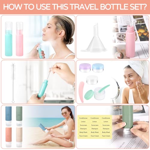 JAMATA Set da Viaggio 16pz in Silicone 100ml,Flaconi Ricaricabili Senza BPA per Shampoo,Lozione e Gel Doccia,Kit Liquidi Aereo con Valvola Anti-fuga,Trousse Inclusa, Ideale per Viaggi Aerei e Outdoor - Funzionalità e accessori