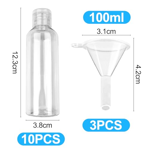 Newpop 10 Pezzi Flaconi da Viaggio 100 ml, Kit Contenitori Viaggio Liquidi, Boccette da Viaggio con 3 Piccoli Imbuti, Trasparente Bottiglie da Viaggio per Shampoo Creme Lozioni Liquide - Prova pratica