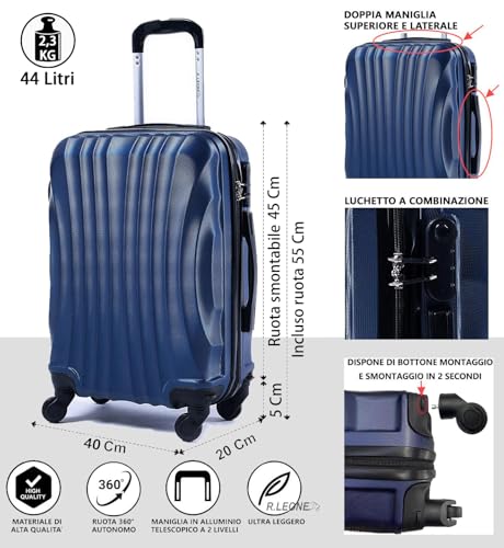 R.Leone Ryanair 55x40x20cm Valigia Trolley Bagaglio a mano Rigido Ultraleggero in ABS 4 Ruote smontabile Rimovibili Autonome 20373N (Valigia 55X40X20cm, Blu Navy) - Prova pratica
