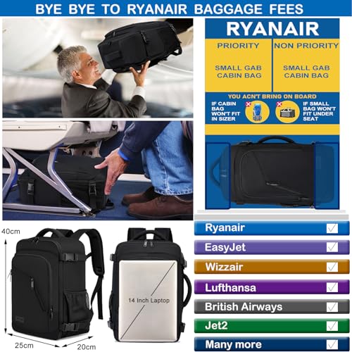 WENIG Zaino per Ryanair 40x20x25 Zaino da Viaggio Aereo Bagaglio a Mano 20L Piccolo Borsa da Cabina per Voli,14 Pollici Zaino Porta PC con Caricatore USB per Scuola Trekking Lavoro Nero - Prova pratica