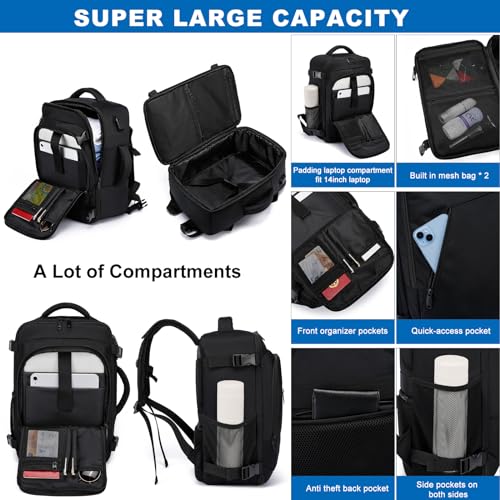 WENIG Zaino per Ryanair 40x20x25 Zaino da Viaggio Aereo Bagaglio a Mano 20L Piccolo Borsa da Cabina per Voli,14 Pollici Zaino Porta PC con Caricatore USB per Scuola Trekking Lavoro Nero - Funzionalità e accessori