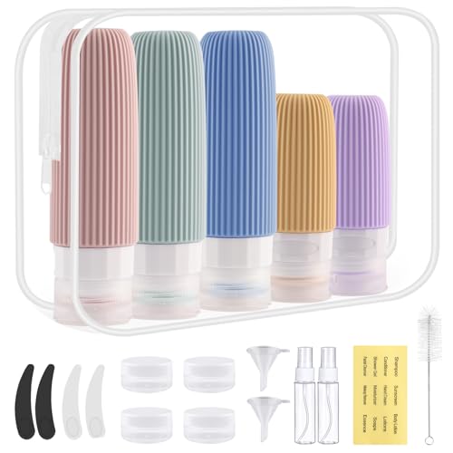 Zosenyer 20 Pezzi Contenitori da Viaggio per Liquidi, Kit Viaggio Liquidi in Silicone, Boccette Flaconi da Viaggio 90 ml Riutilizzabili per Shampoo, Lotion, Crema e Cosmetici, Nessun BPA, Colore - Design e materiali